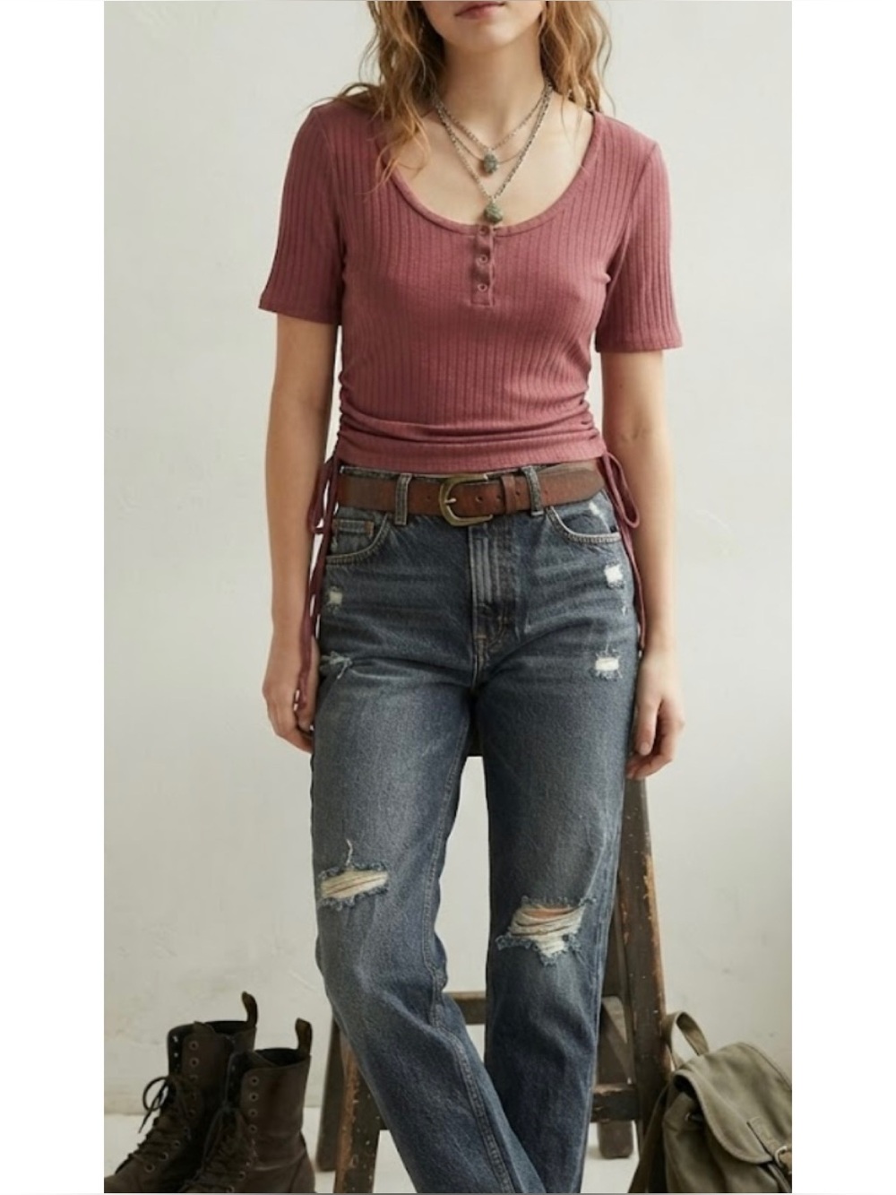Belle Du Jour Wide Neck Henley Ribbed Half Sleeve Top Side Ruching